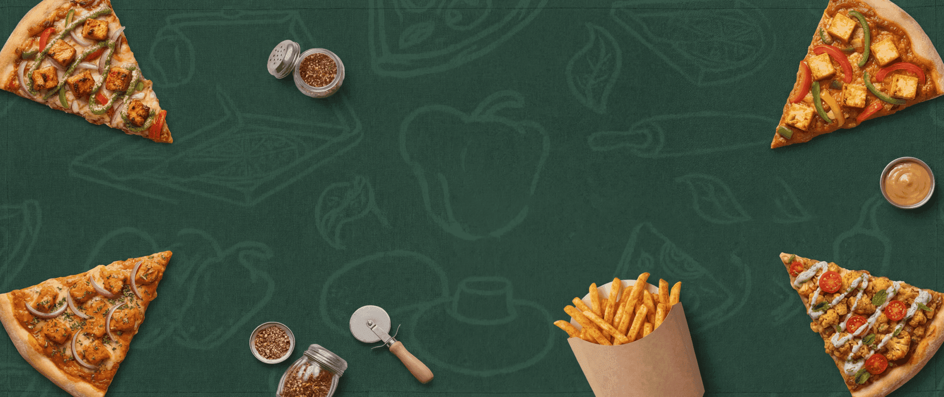 Bollywood Pizza Club – pizza slices, fries and condiments